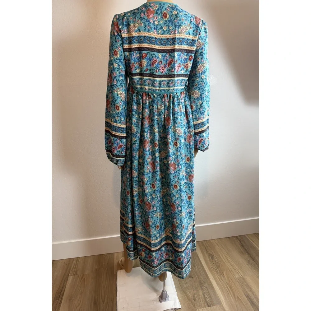 Y2K Blue Floral Tassel Tie Long Sleeve Cottage Bohemian Womens Midi Dress Sz M
